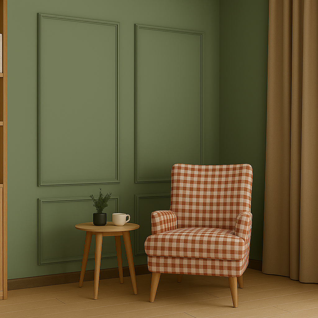 A cozy room features Elevate Space Wall Molding Kit frames on green polystyrene wall panels, light wood flooring, a red and white checkered armchair by a small round table with a plant and cup, and beige curtains to the right.