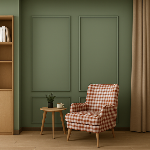 A cozy room with a green paneled wall made using the Elevate Space Wall Molding Kit (2 Upper & 2 Bottom Frames, Pre-Cut & Primed), a red and white checkered armchair, wooden side table with plant and mug, beige curtains, and a wooden bookshelf.