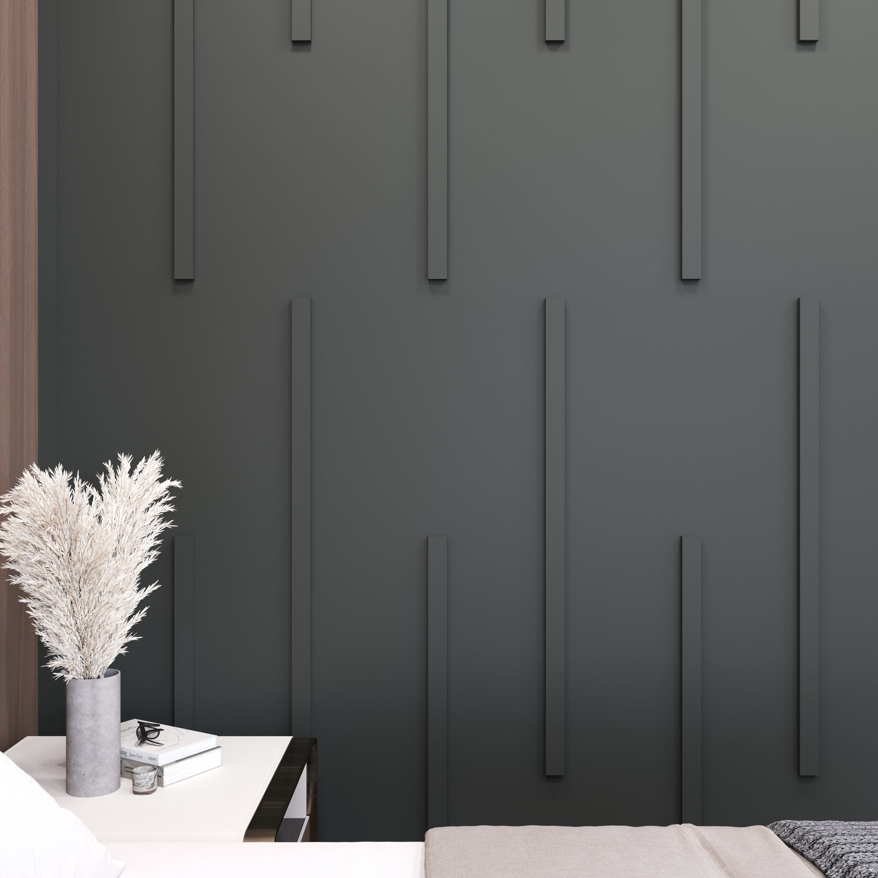 Pre-cut flat wall molding kit applied on living area accent wall