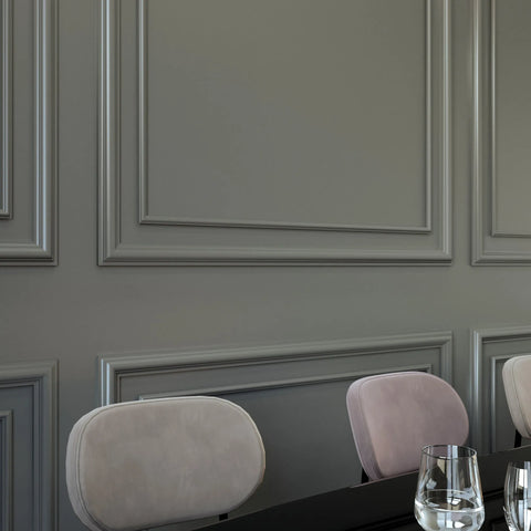 Pre-cut dining room wall molding kit with 3 upper and 3 bottom nested frames installed